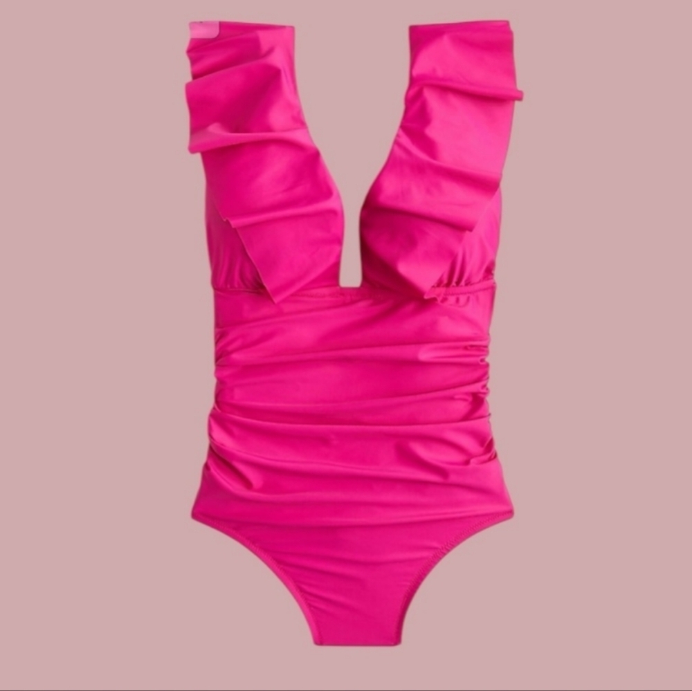 New Whimsical Fuchsia Ruffle Slimming Resort Cruisewear Swimsuit One Piece